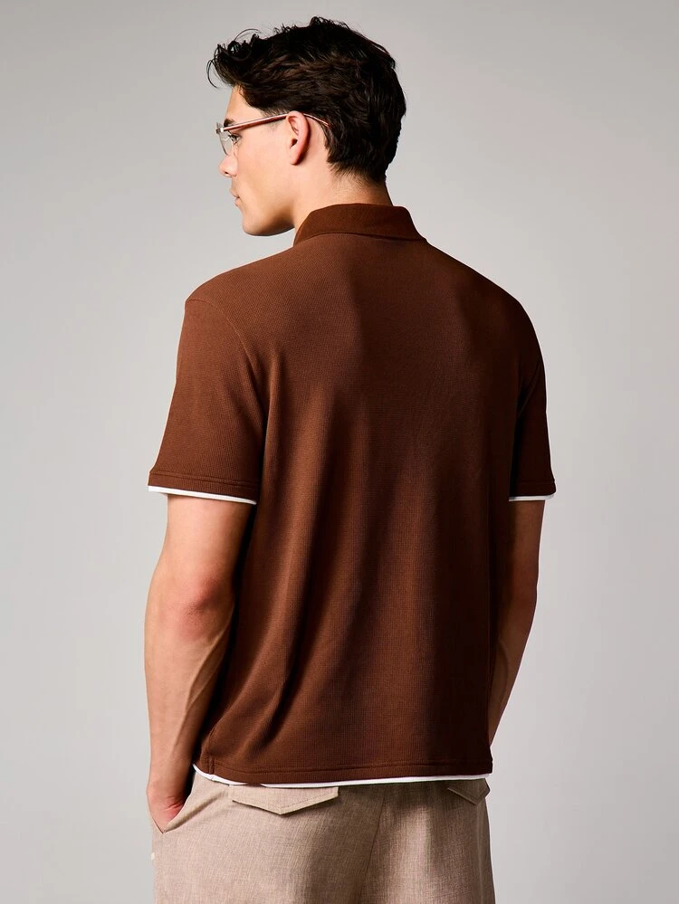 Classic Brown Polo Shirt With Contrast Tipping And Embroidered Logo For Casual Layering Smart Versatile Summer Menswear