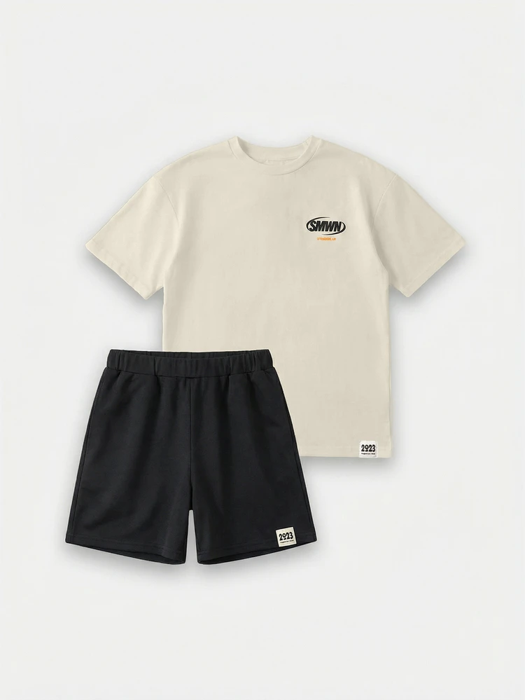 Boys Graphic Tee And Shorts Coordinate Set Two Piece Summer Casual Cotton Crew Neck Short Sleeve Elastic Waist