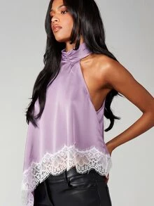MISSGUIDED 露背不对称缎面上衣，饰有白色蕾丝边和前短后长的下摆 - 淡紫色 - 查看 3