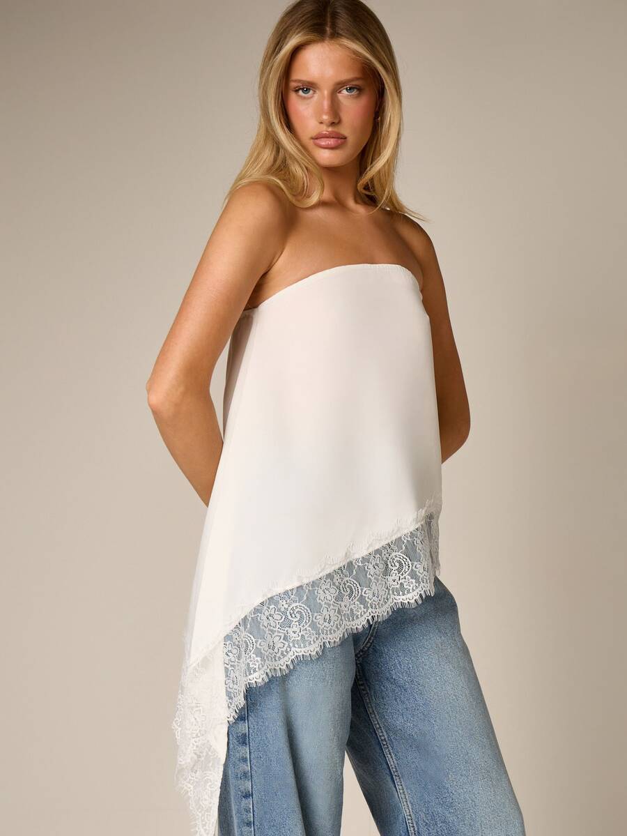 AiiRZ Áo quây không dây viền ren bất đối xứng với chi tiết xếp nếp mềm mại, phong cách boho chic màu trắng thanh lịch nữ tính, thích hợp cho các lễ hội mùa hè. - trắng - Xem 1