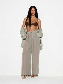 KIZN Áo bralette xếp lớp bằng vải crepe với các mảng vải lưới xuyên thấu và dây đeo mảnh, thời trang lễ hội mùa hè. - màu nâu - Xem 3
