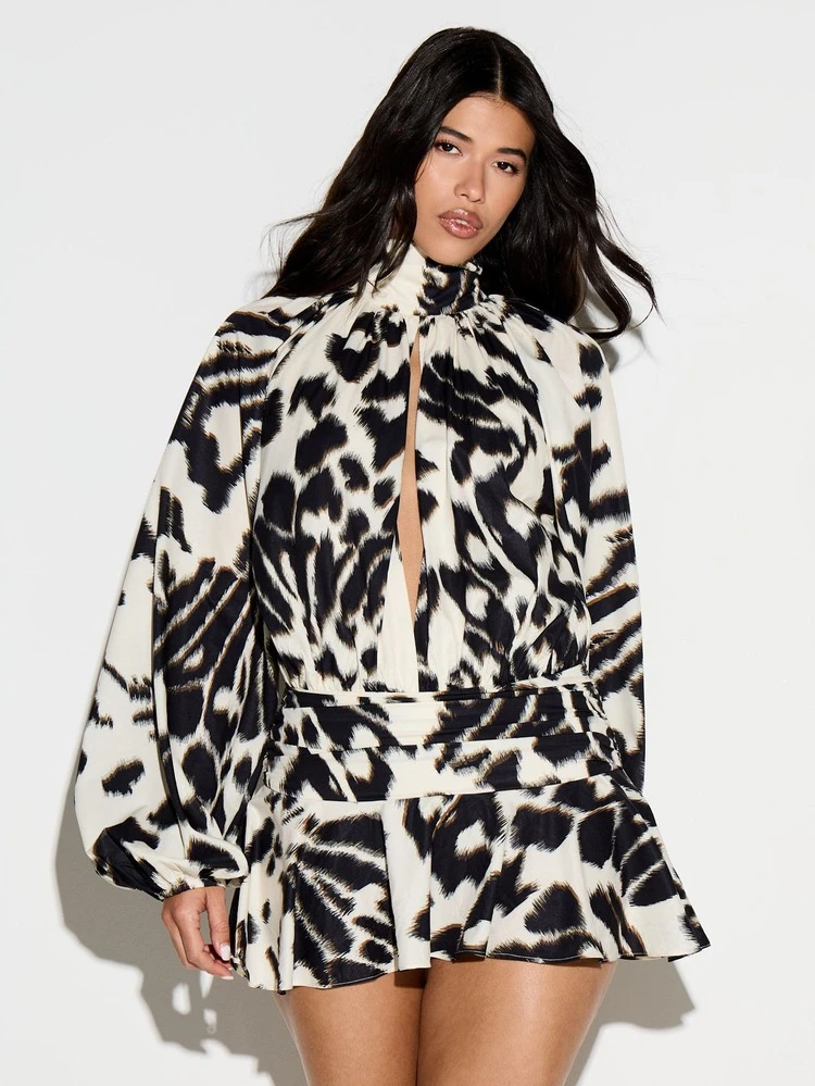 KIZN Animal Print High Neck Puff Sleeve Mini Dress