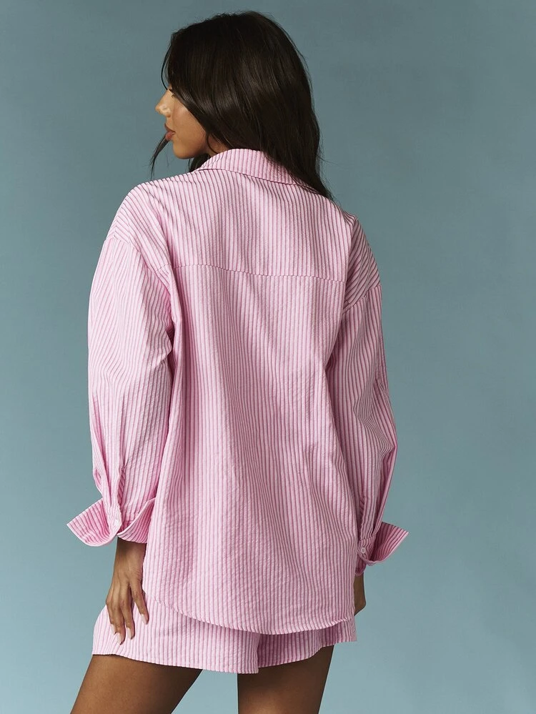 MISSGUIDED Tonal Pink Striped Shirt And Shorts Co-Ord Set Two Piece Outfit Collared Button Up Blouse Summer Casual Matching Coordinated Set