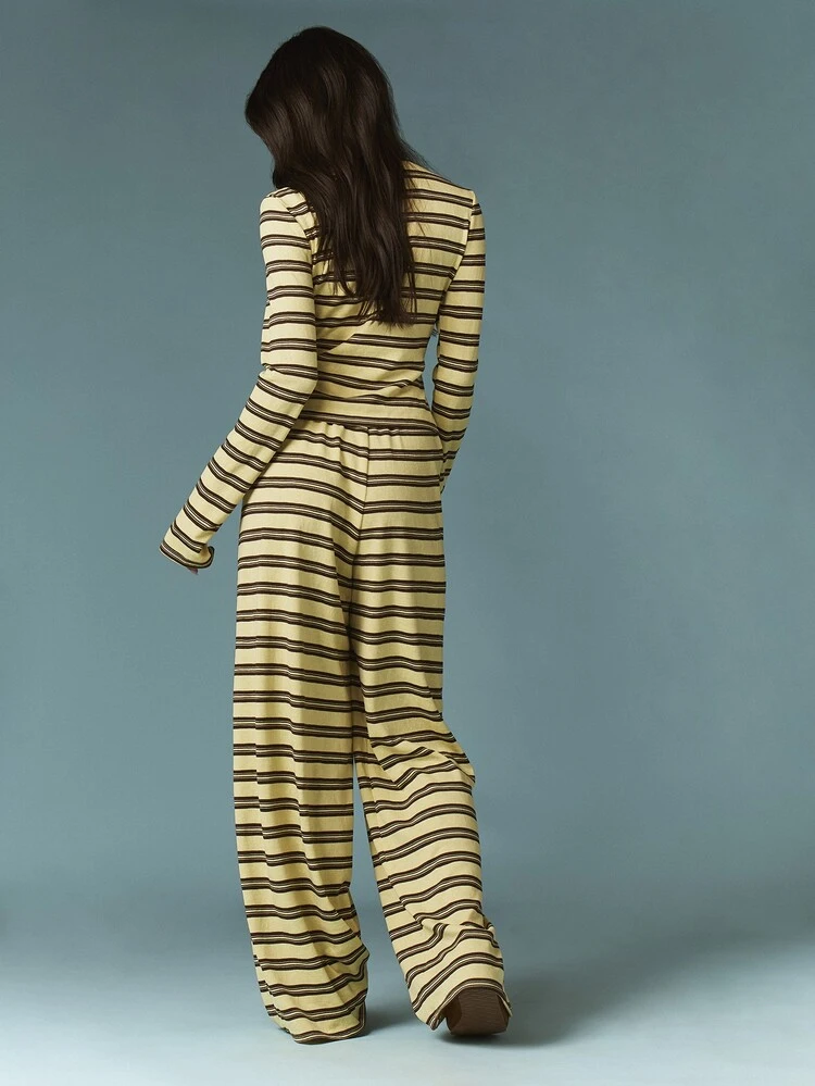 MISSGUIDED Striped Button Front Long Sleeve Top And Wide Leg Trousers Two Piece Coordinated Set With Drawstring Waist