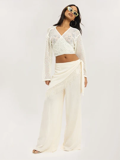 Dancing Leopard Pantalón con envolvente de flecos de lino caqui Mavis, pantalones para mujer, pantalones de pierna ancha para mujer, atuendos de verano para mujer, pantalones de trabajo para mujer, atuendo casual elegante, atuendos de vacaciones, atuendo de oficina