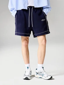 SUMWON 低裆滚边细节夏季休闲宽松抽绳篮球短裤百慕大短裤长度常规版型海军蓝 - 藏蓝色 - 查看 1