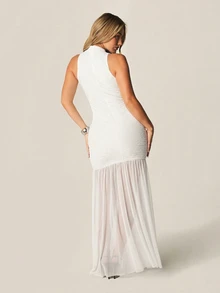 MISSGUIDED Vestido largo de malla con escote halter, cuello en V, recorte en forma de llave, costilla y dobladillo para eventos formales, fiestas y ocasiones especiales - Blanco - Ver 2