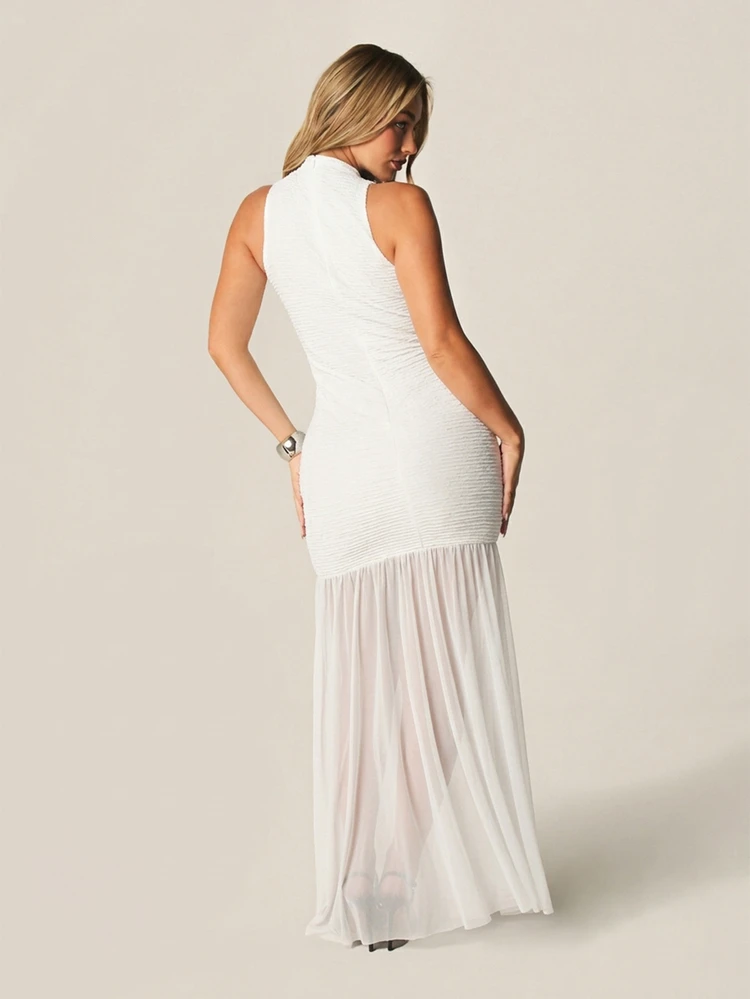 MISSGUIDED Sukienka maxi z głębokim dekoltem typu halter, wycięciem w serek, prążkowana, dopasowana, z siateczki, na wieczorne przyjęcie, formalne, na specjalne okazje