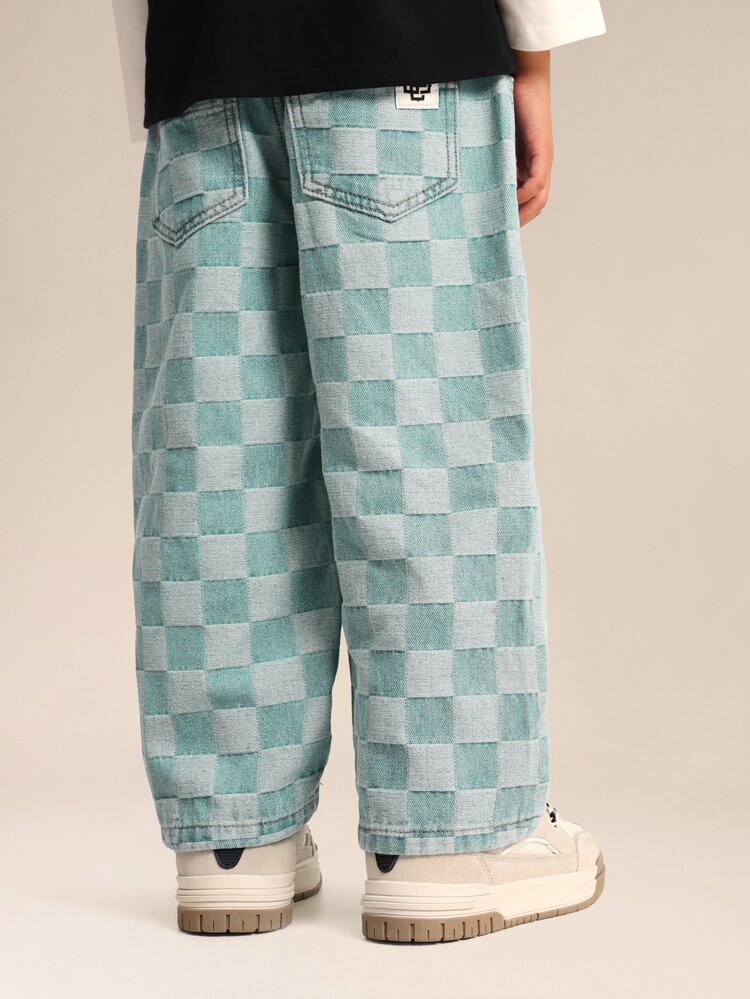 Boys Relaxed Pull On Jeans With Checkerboard Pattern Elastic Waist Casual Denim Pants Style