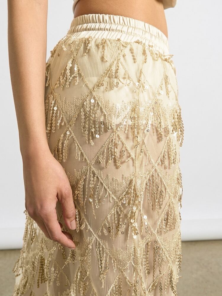 Sequin Embellished Wide Leg Pants With Fringe