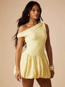 MISSGUIDED Off Shoulder Asymmetric Mini Dress With Puff Ball Hem And Strap Details - Green - View 1