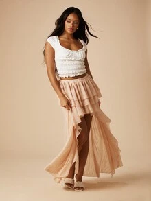 MISSGUIDED Tiered Ruffle High Low Asymmetric Layered Midi Maxi Skirt With Elastic Waistband And Flowing Hem Detail For Spring Summer - Apricot - View 3