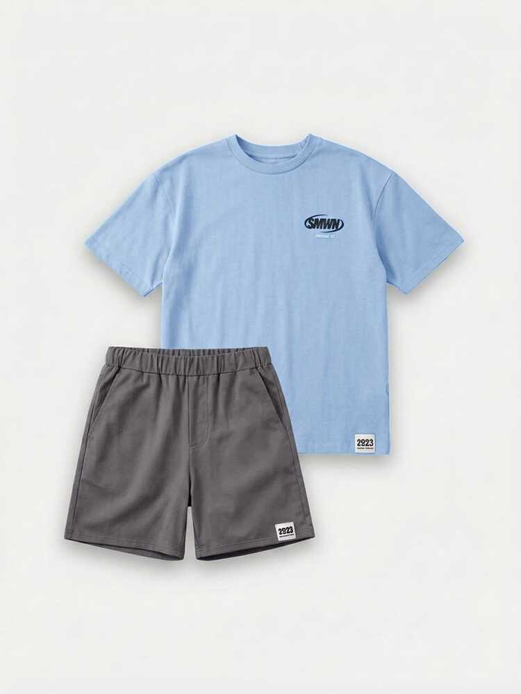 Conjunto de Camiseta Gráfica e Shorts Coordenados para Meninos Pré-Adolescentes com Estampa de Estúdios, Roupa Casual de Verão