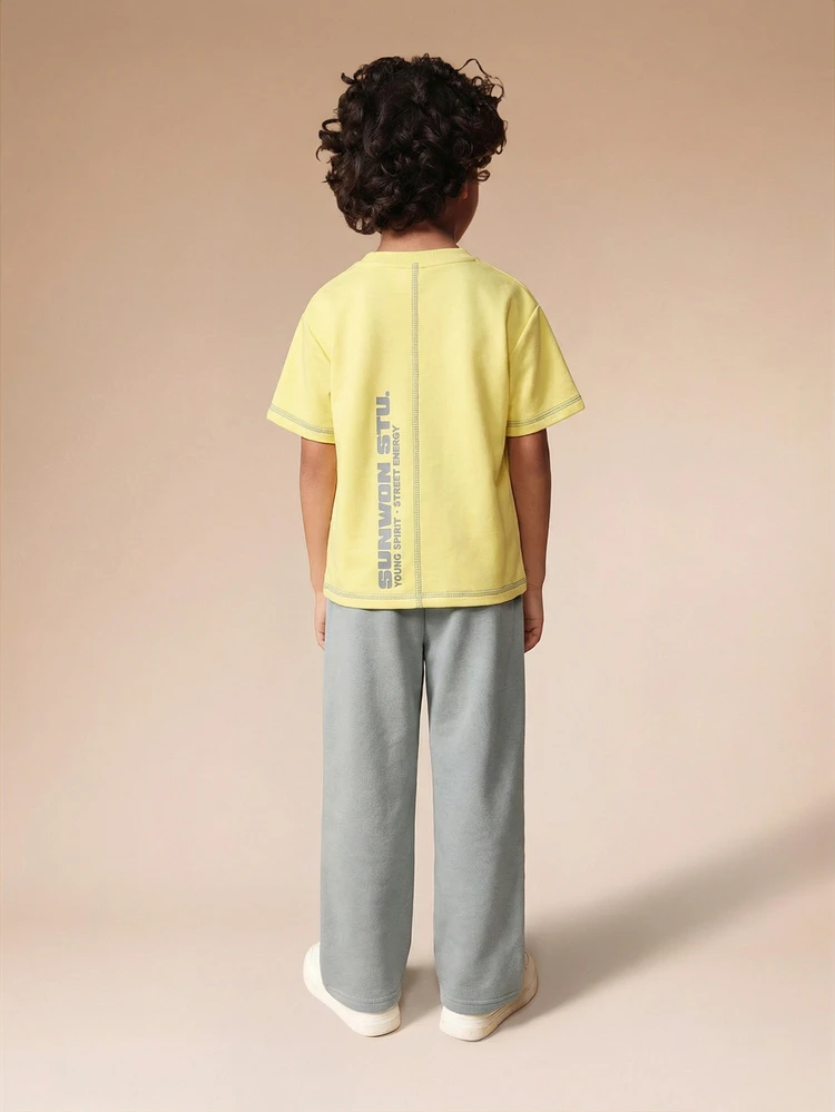 ボーイズ ブライトイエロー Tシャツ コーディネートセット グレージョガーパンツ カジュアル サマーアウトフィット レタープリント