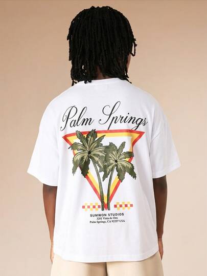 SUMWON Palm Springs Retro Graphic Tee Vintage California Short Sleeve Script Typography Cotton T-Shirt For Tween Boys