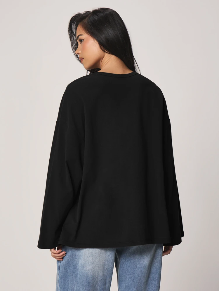 MISSGUIDED Button Through Oversized Long Sleeve Henley Top With Ribbed Neckline Fall Winter Casual Comfort Fit Pullover