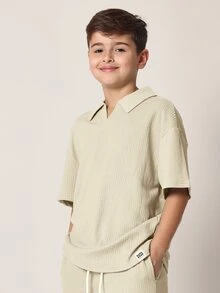 SUMWON Boys Textured Polo Collared Short Sleeve Shirt And Matching Drawstring Waist Casual Summer Co-Ord Set For Everyday Comfort - Beige - View 3