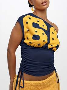 SUMWON WOMEN Off Shoulder Ruched Drawstring Graphic Tee With Star Print And Slouchy Fit - Navy Blue - View 4