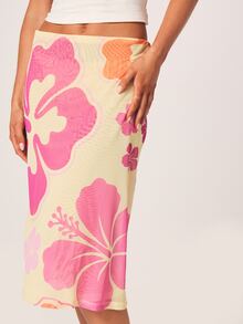 MISSGUIDED 热带芙蓉花印花中长修身铅笔裙，夏季海滩度假休闲女性时尚 - 杏色 - 查看 4