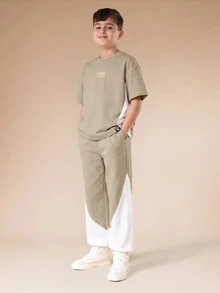SUMWON Boys Relaxed Oversized Side Stripe T-Shirt Co-Ord Set With Half Sleeves And Color Block Contrast Panels Casual Streetwear Comfort Fit - Beige - View 5