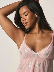 Missguided x Playboy Bộ áo hai dây và quần lót lưới in hình thỏ, có dây đeo điều chỉnh được, viền ren. - Hồng - Xem 5