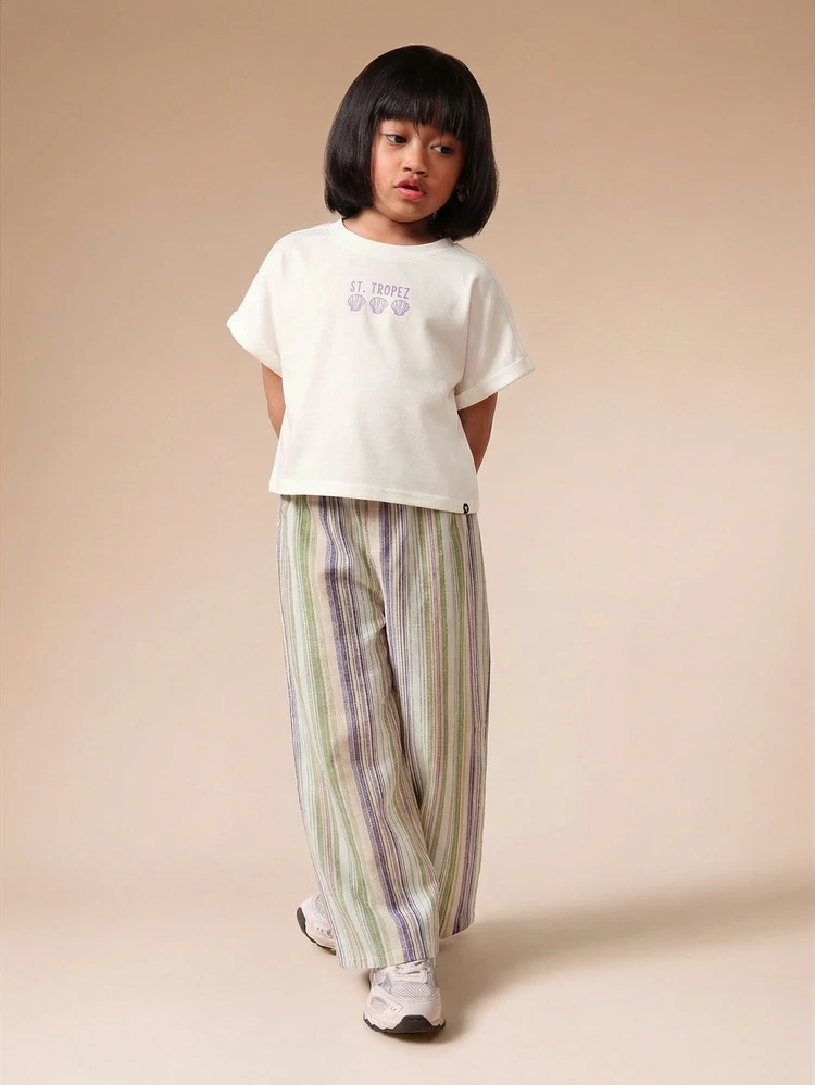 Girls Printed T-Shirt And Striped Wide Leg Pants Two Piece Summer Holiday Beach Vacation Co-Ord Set