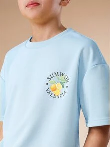 SUMWON Oversized Boys Summer Valencia Orange Print Crew Neck Short Sleeve T-Shirt With Citrus Fruit Design Casual Tee - Blue - View 4