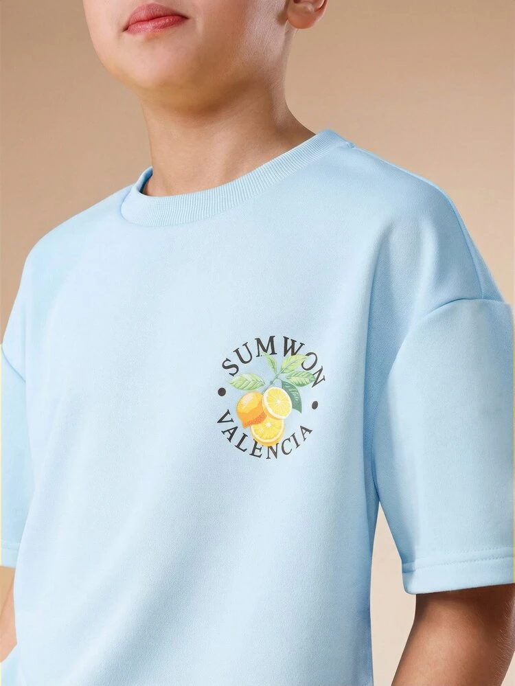 Oversized Boys Summer Valencia Orange Print Crew Neck Short Sleeve T-Shirt With Citrus Fruit Design Casual Tee