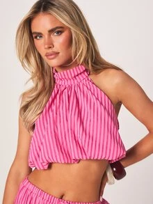 MISSGUIDED 粉色条纹露脐吊带上衣和阔腿裤套装夏季穿搭 - 玫紅色 - 查看 5