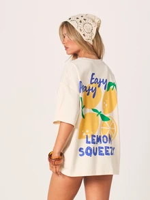 MISSGUIDED Easy Peasy Lemon Squeezy 超大款印花T恤，短袖圆领，夏季休闲柑橘印花上衣 - 杏色 - 查看 4