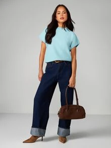 MISSGUIDED 浅蓝色短袖针织上衣，罗纹圆领和下摆细节 - 淺藍色 - 查看 3