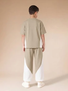 SUMWON Boys Relaxed Oversized Side Stripe T-Shirt Co-Ord Set With Half Sleeves And Color Block Contrast Panels Casual Streetwear Comfort Fit - Beige - View 2