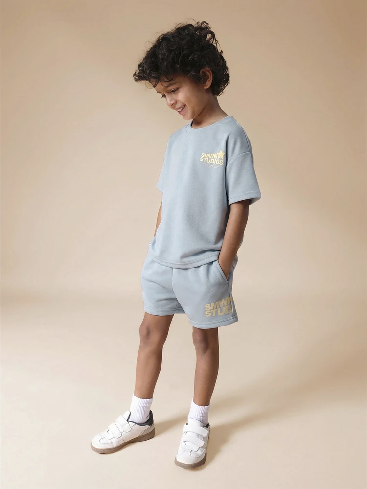 Boys Casual Co-Ord Set Short Sleeve T-Shirt With Matching Shorts Summer Branding Comfort Playwear