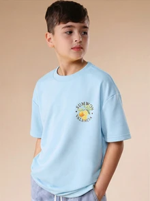 SUMWON Oversized Boys Summer Valencia Orange Print Crew Neck Short Sleeve T-Shirt With Citrus Fruit Design Casual Tee - Blue - View 2