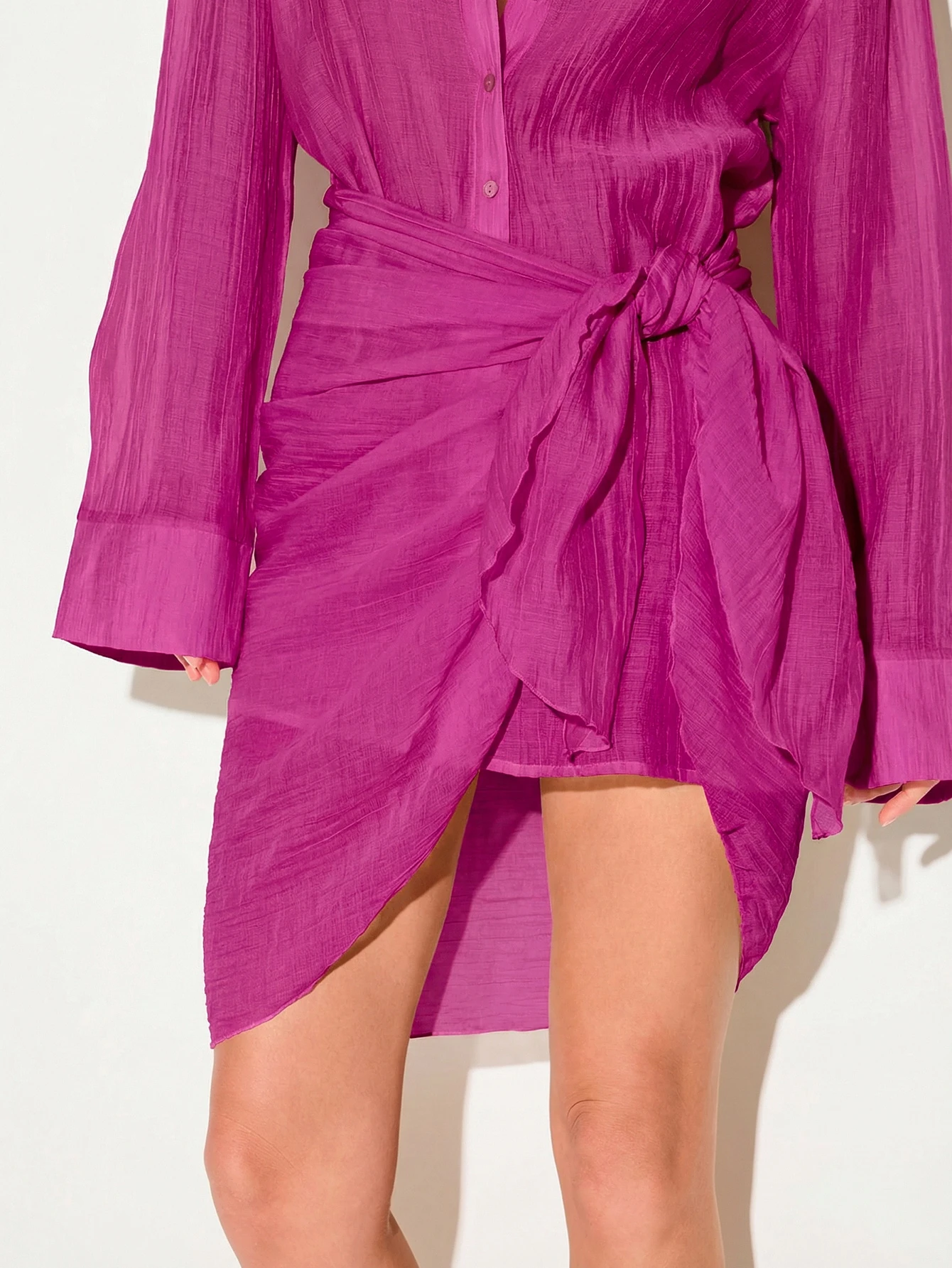 KIZN Purple Crinkle Texture Sarong Tie Mini Dress