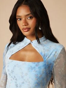 MISSGUIDED White Butterfly Print Long Bell Sleeve Mock Neck Cut Out Bodycon Mini Dress With Mesh Burnout Fabric For Date Night Golf Autumn Sexy - Blue and White - View 5