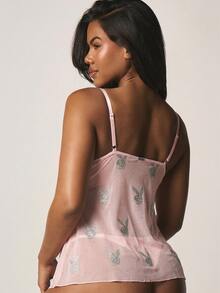 Missguided x Playboy Bộ áo hai dây và quần lót lưới in hình thỏ, có dây đeo điều chỉnh được, viền ren. - Hồng - Xem 3