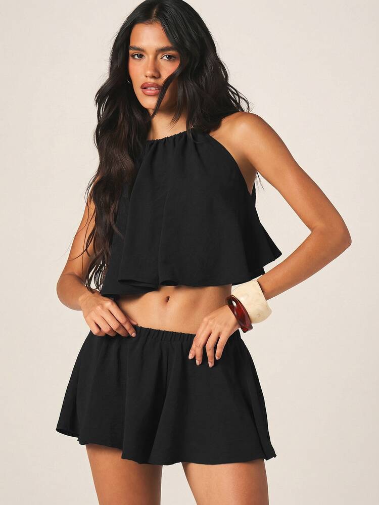 MISSGUIDED Halter Ruffle Two Piece Matching Set Backless Crop Top Mini Skort Summer Casual Festival Party Boho Outfit