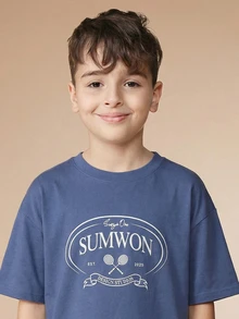 SUMWON Tween Boys Casual Graphic Co Ord Set With Short Sleeve Top And Checkered Shorts Summer Outfit - Dusty Blue - View 5
