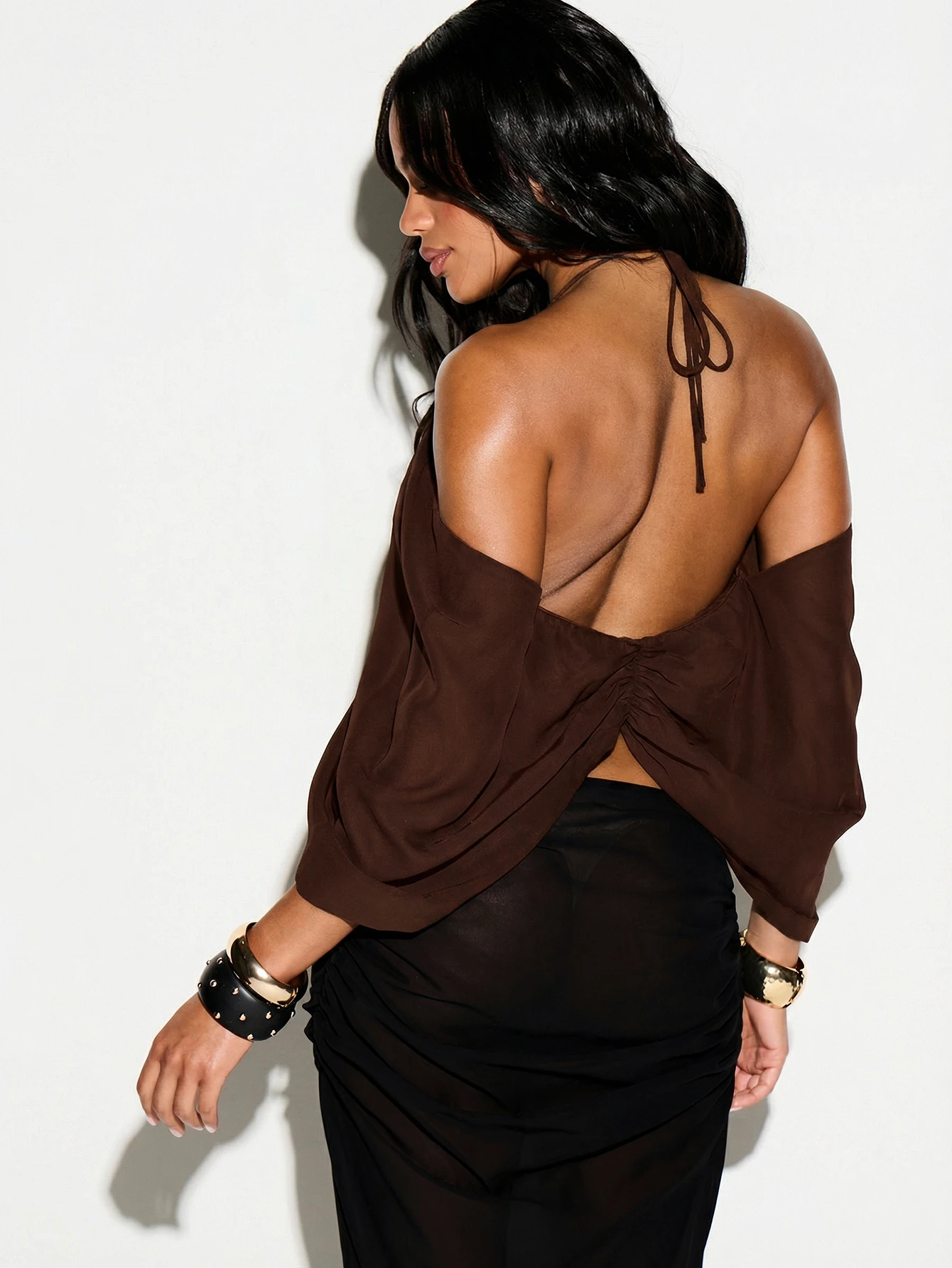 KIZN Gold Ring Detail Drape Halter Top