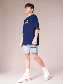 SUMWON Tween Oversized Graphic T-Shirt With Studios Logo Front And Back Print Short Sleeve Casual Tee - Navy Blue - View 3