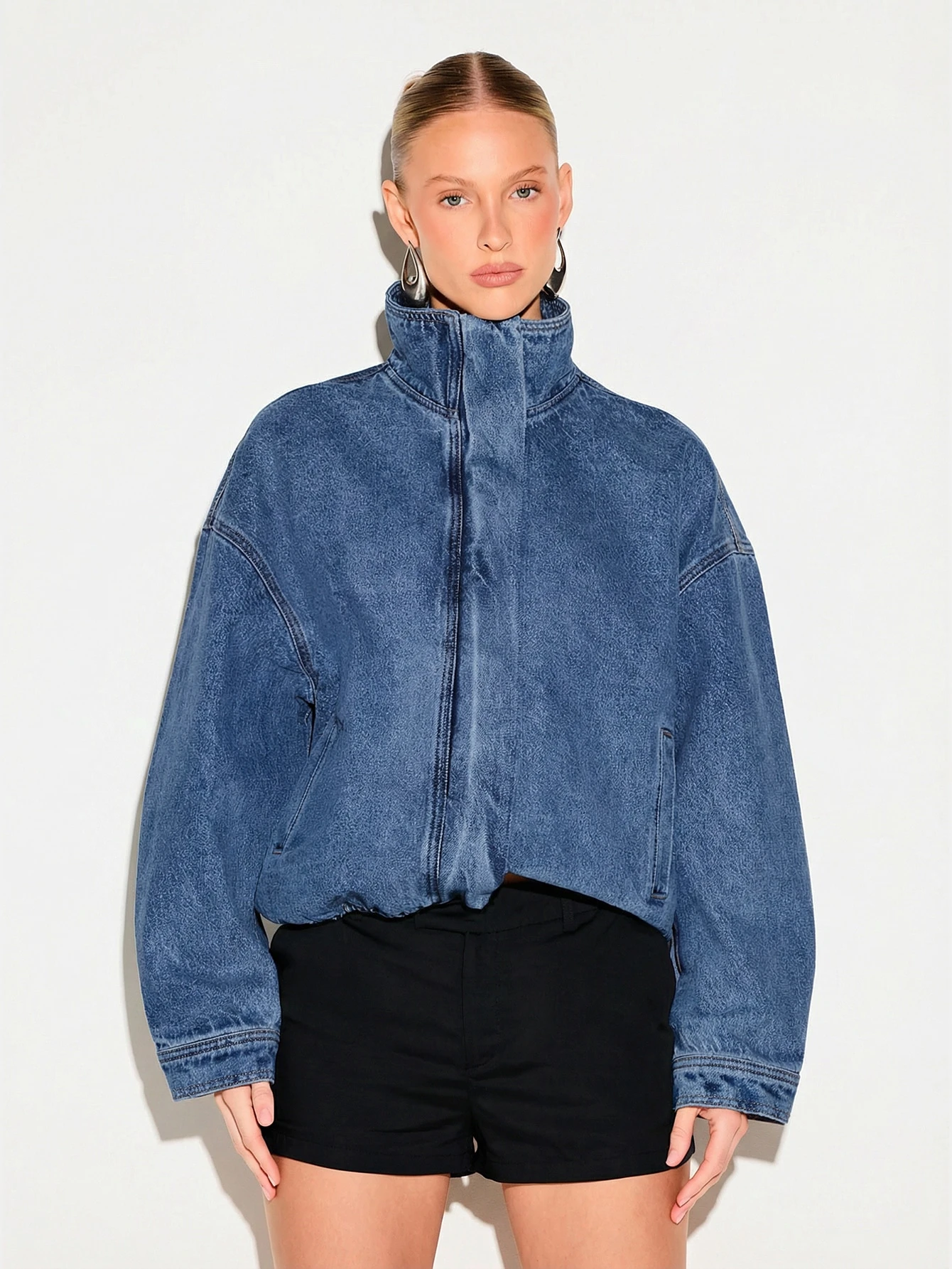 KIZN Oversized Denim Funnel Neck Jacket