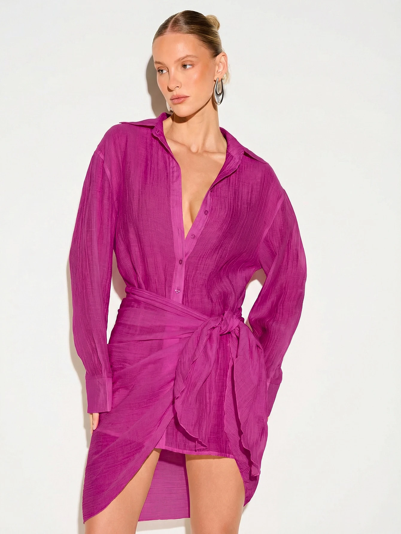 KIZN Purple Crinkle Texture Sarong Tie Mini Dress