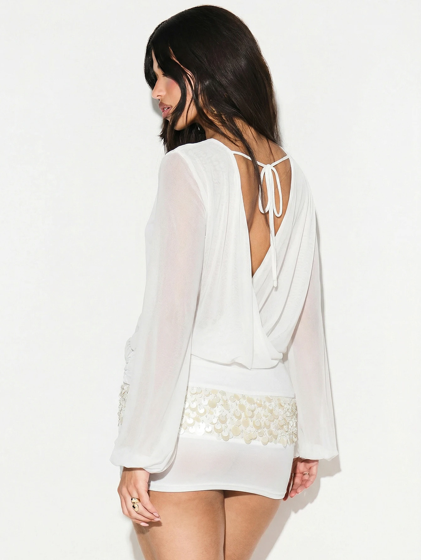 Deep V Wrap Mini Dress With Balloon Sleeves