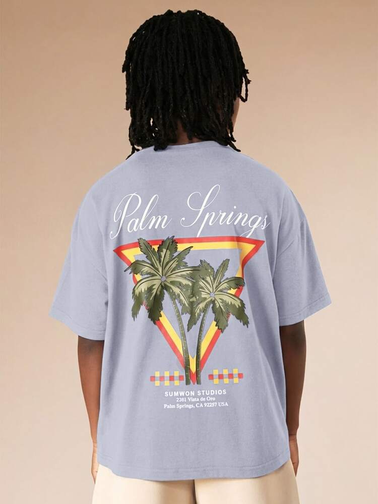 T-shirt girocollo a maniche corte con grafica di palme di Palm Springs, California, ispirata agli anni '80, in cotone, casual, adatta per le vacanze estive in spiaggia