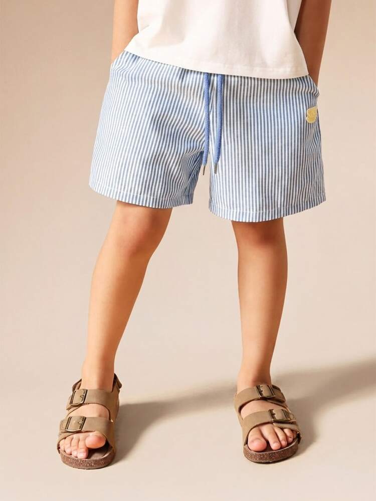 Boys Striped Pull On Summer Elastic Waist Casual Drawstring Shorts With Pockets