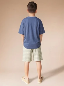 SUMWON Tween Boys Casual Graphic Co Ord Set With Short Sleeve Top And Checkered Shorts Summer Outfit - Dusty Blue - View 2