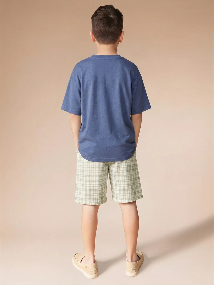 Conjunto Casual Gráfico Co Ord para Meninos Pré-Adolescentes com Top de Manga Curta e Shorts Xadrez, Conjunto de Verão