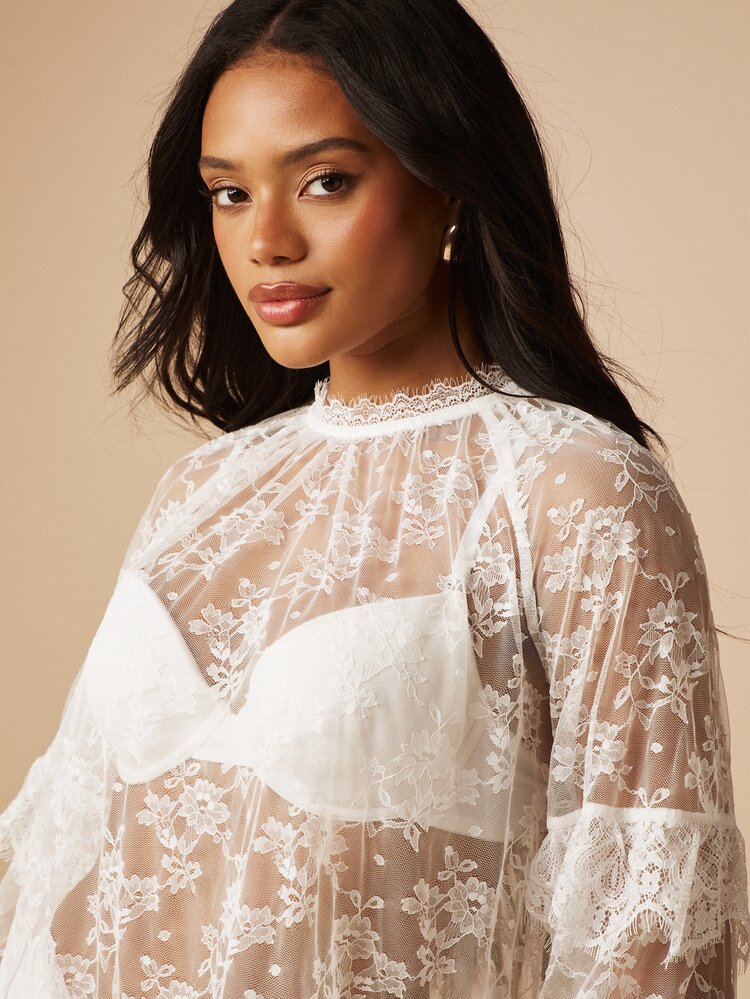 MISSGUIDED Elegant White Lace Bell Sleeve Mini Dress With High Neck And Tiered Ruffles For Party Evening Occasions