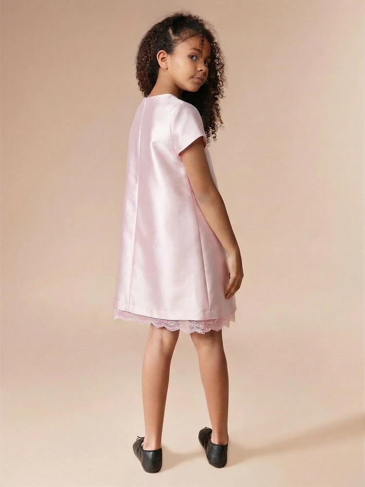 Satin Cap Sleeve Dress With Delicate Lace Hem Trim For Special Occasions And Formal Events